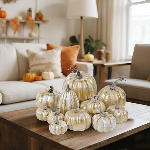 Image of winemana 12 Pcs Pumpkin Fall Decorations, Golden Artificial Pumpkins | Assorted Sizes, Foam Pumpkins for Decorating, Thanksgiving Table Decor, For Home Indoor Outdoor, Fall Autumn Decor