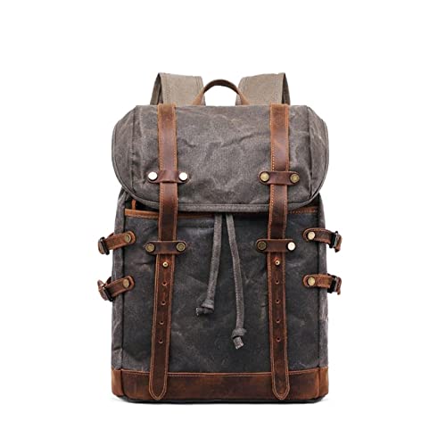 Waxed Canvas Backpack For Men Vintage Leather Mens Racksack Large Mens Backpack Bag(Army green)
