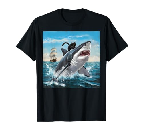 Cat Ridding On Shark Humorous Playful Men Women Funny Summer Maglietta