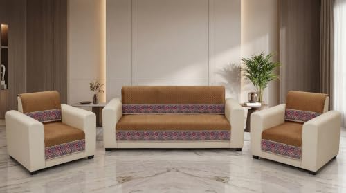 Image of KINGLY Sofa Cover 5 Seater 3+1+1 Velvet Full Cover - Royal Gold Mint | Fully covered quilted velvet slipcover, washable anti-slip thick furniture protector for 3+1+1 living room sofa