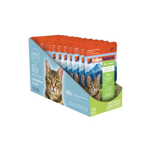 Feline Natural New Zealand Pt Wet Cat Food Pouch High-Meat Low-Carb & Grain Free Cat Food Wet Chicken & Lamb 3 oz Pack of 12