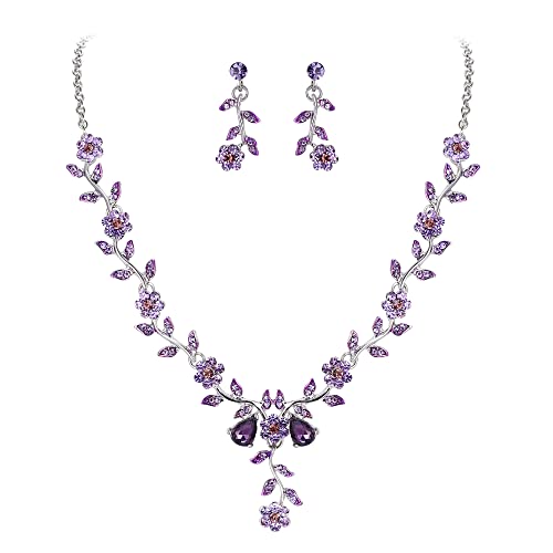 Clearine Parures Bijoux de Mariage Feuille et Fleur en Cristal Pendentif et Boucles d'oreilles pour Mariée Violet Ton d'argent