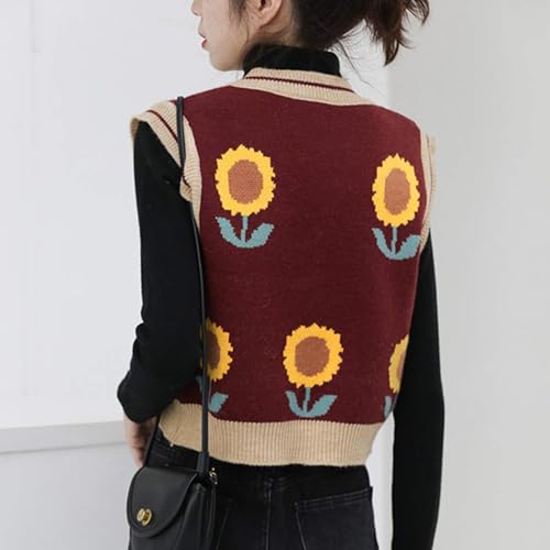 Image of Lunoakvo Women Pink Peach Flower Embroidery Knitted Sleeveless O-Neck Knitwear Sweater Vest