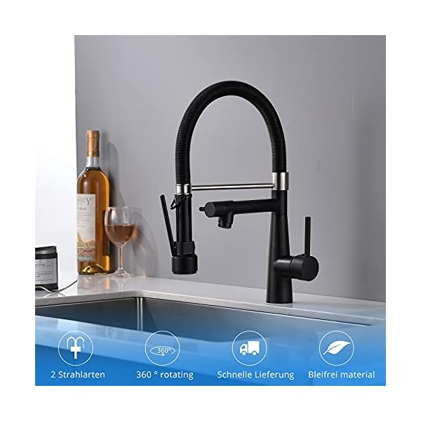 TIMACO Wasserhahn Küche Schwarz mit Schloss Brause Ausziehbar - 360° Schwenkbarz- Pull-Down-Spray - Hochdruck - Schwarz Küchenarmatur – Bild 6