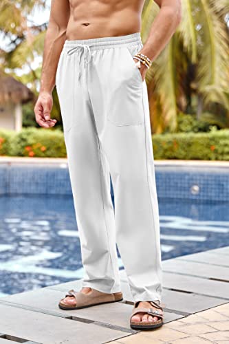 PASLTER Men's Cotton Linen Pants Elastic Waist Drawstring Casual Trouser Lightweight Straight-Legs Loose Beach Yoga Pants4