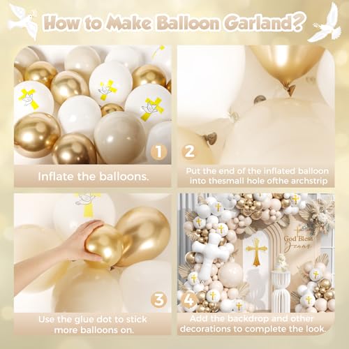 Image of First Communion Balloon Garland Kit 153Pcs, Baptism Balloon, White Sand Gold Nude Bautizo Balloons Arch Kit for First Holy Communion Baptism God Bless Christening Party Birthday Supplies