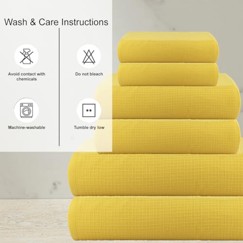 Image of Casa Copenhagen, Egyptian Cotton - Waffle Terry Towel 6 Piece Set, Includes 2 Bath Towels 2 Hand Towels 2 Washcloths - Butter Yellow