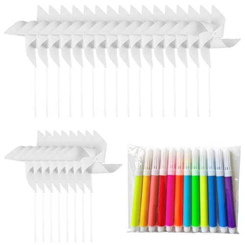 DIY Pinwheels Craft for Children, 24PCS White Kids Windmill Spinners with 12PCS Multi-Color Watercolor Pens, Arts And Crafts for Kids Activities, Easter Basket Stuffers, School Work & Home Crafting