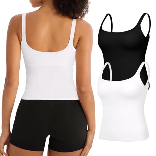 Missclub 2 Pack Cropped Tank Tops for Women with Built in Bra Seamless Stretchy Compression Workout Tops Muscle Tank