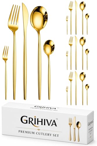 Image of 20 Pcs Gold Cutlery Set for Dining Table the Perfect Lightweight Silim Handle Tableware Including Dinner Spoon, Dinner Fork, Dinner Knife, Dessert Spoon & Dessert Fork