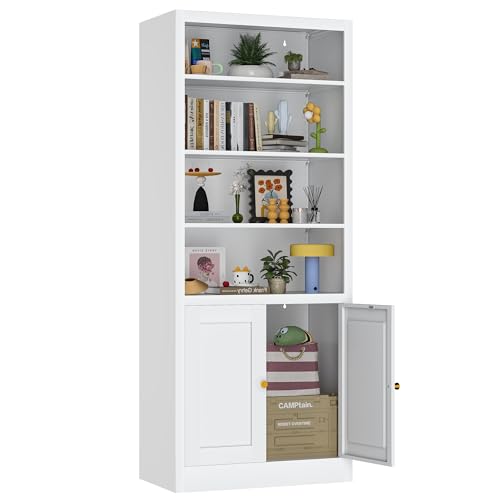 Image of VASAAOSD Book Shelf Bookcases with Doors, Metal Bookshelf with Storage Shelf, Floor Standing Display Shelves, Home Decor Furniture for Living Room Home Office (White)