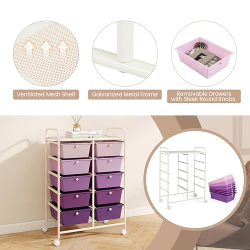 Image of LDAILY 10 Drawer Rolling Cart, Storage Cart Organizer on Wheels, Drawer Cart with Metal Frame & Large Storage Capacity, Rolling Cart with Drawers for Living Room Classroom, Office