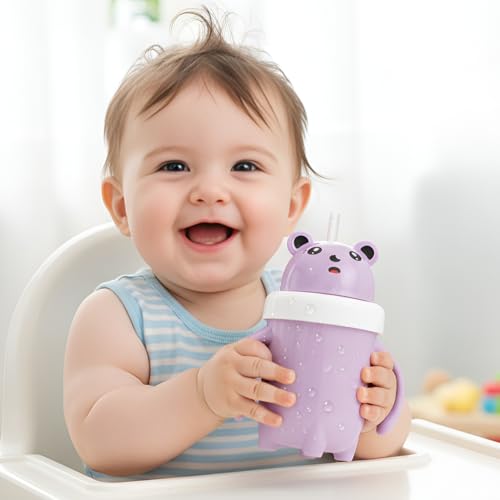Image of 300ml Baby Sipper for Infant /Toddler, Baby Straw Cup, Soft Silicone Straw Cup, Baby Sipper Bottle for 6 Month+, Anti-Spill with BPA Free, Lid & Easy Grip Handles (Purple)