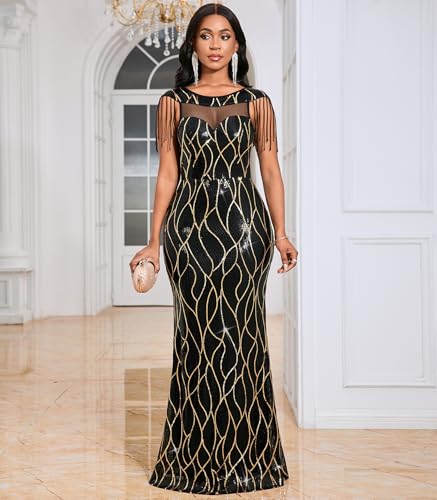 Image of Cololura Women Sexy Sequin Mesh Perspective Bodycon Party Cocktail Evening Gown Maxi Dress