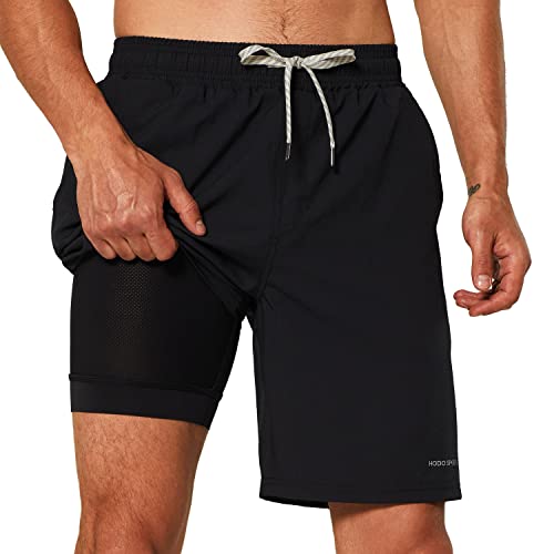 HODOSPORTS Mens Swim Trunks with Compression Liner 9 Inch Quick Dry Swim Shorts with Pockets Swim Suit Black