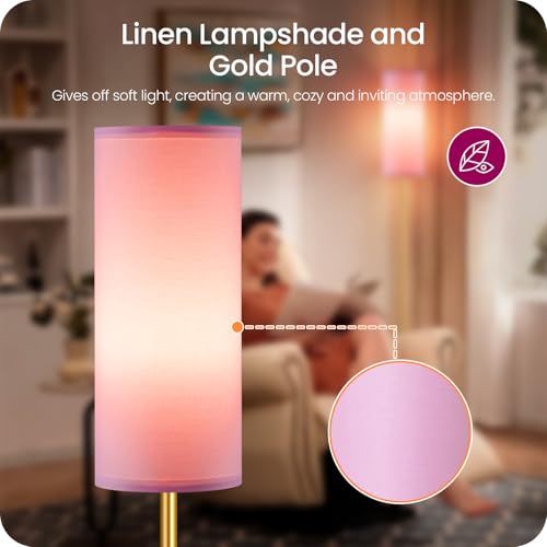 Image of Dimmable Pink Floor Lamp for Living Room with Remote and Foot Switch, Corner Floor Lamp, 64.4'' Standing Tall Lamp, 10W 900LM Bulb Included, 3000K-6500K, Linen Shade, Gold Pink, FCC Listed DP06LD05W1