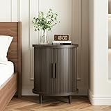 LIKEMET Round Nightstand Side Table, 20' Mid Century Modern Nightstand with Fluted Sliding Tambour Door, Side Table with 2 Tier Storage to Snack or Object for Bedroom and Living Room, Walnut Color