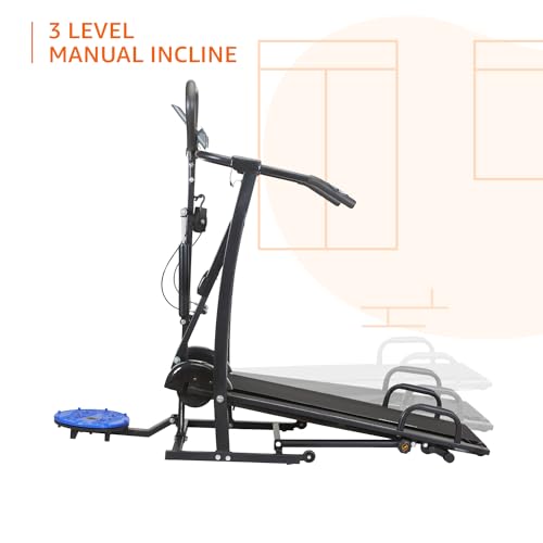Image of Amazon Basics 4-in-1 Smart Foldable Manual Treadmill with Jogger, Twister, Stepper and Push-Up Bar, 3 Level Incline, LCD Display with Heart Sensors, Max User Weight 100 Kg, Black