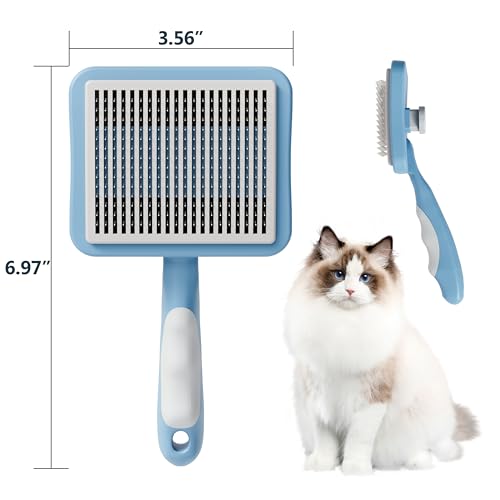 Image of Cat Brush with One-Click Button, Cat Brushes for Indoor Cats Shedding，Self Cleaning Slicker Cat Brush for Shedding Massaging Grooming, Suitable for Long Short Haired Pets, Comfortable /Easy to Clean