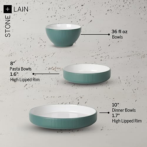 Image of Christian Siriano Larosso 12-Piece Stoneware Dinnerware Set with Dinner Bowls and Pasta Bowls, Plates and Bowls Set, Dish Set for 4, Green