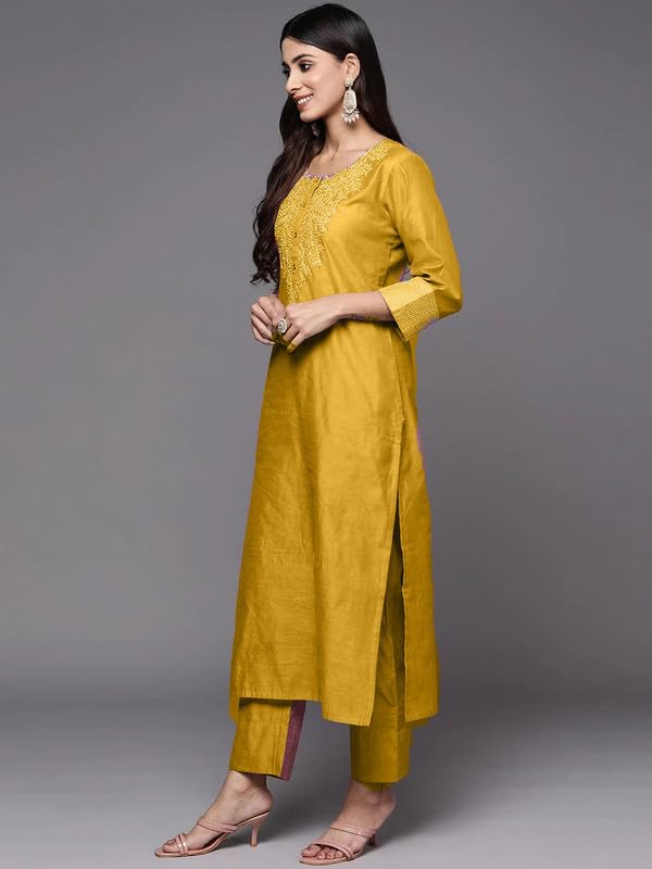 Image of Royal Export Women's Poly Silk Embroidered Yoke Design Kurta Pant Set with Dupatta