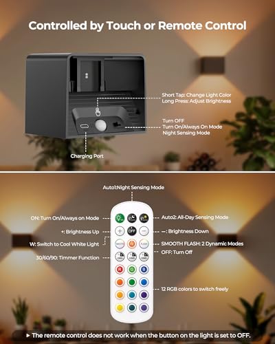 Motion Sensor Wall Lights with Remote, 5000mAh Rechargeable Battery Operated Wall Sconces, Wireless Indoor Up Down Lights, 12 RGB Colors, Warm Orange & Cool White for Hallway Stairs Bedroom, 2 Pack - image 7
