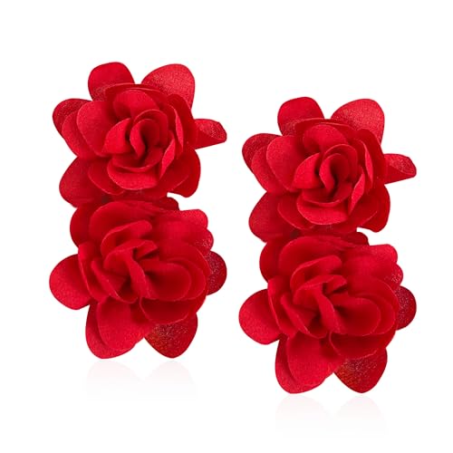 Large Flower Statement Stud Earrings Red Fabric Flower Oversized Exaggerated Dangle Earrings Jewelry for Women