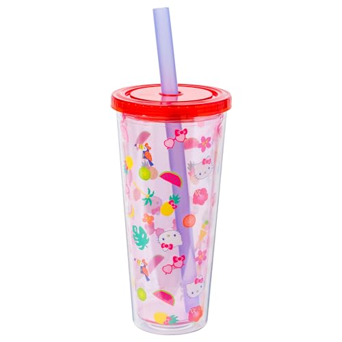 Image of Silver Buffalo Sanrio Hello Kitty Tropical Summer Plastic Boba Tumbler with Lid and Wide Straw, 24 Ounces