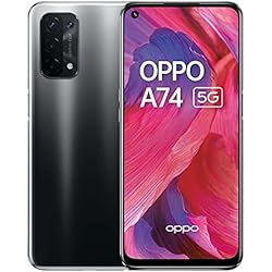 OPPO A74 5G - 6 GB RAM y 128 GB+ SIM Free Smartphone (pantalla de 6,5 pies, batería de 5000 mAh, cámara cuádruple de 48 MP, velocidad de actualización de 90 Hz) - negro fluido