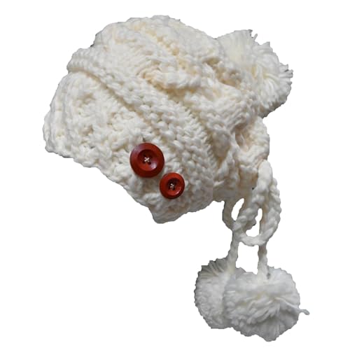 BIBITIME Knitted Beanie Hat Cross Stripes Cable 3 Pom Balls Women Handmade Cap (Medium, White)