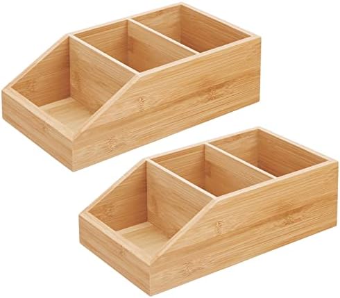 mDesign Set of 2 Bathroom Storage Box  Bamboo Bathroom Organiser Tray with 3 Compartments and Open Front  Ideal Makeup and Cosmetic Storage Container  Natural
