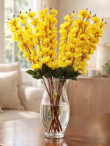 Image of ARTSY Artificial Flowers Bunch for Decoration Cherry Blossom, Ideal for vase, Home, Office Decor, Gifts, Craft, Artificial Plants for Decoration, Without vase, Yellow, Combo, 2 Piece, 55 cm Height