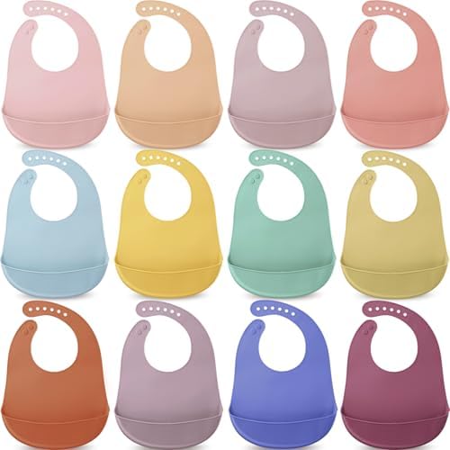 Mepase 12 Pcs Silicone Bibs Waterproof Silicone Baby Bibs Soft Adjustable Baby Feeding Unisex Baby Eating Supplies (Stylish Color)