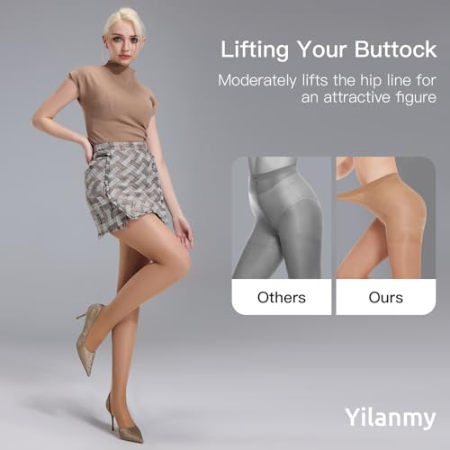 Image of Yilanmy 2 Pairs Tummy Control Pantyhose for Women 40D Sheer Shaping Tights | Control Top Pantyhose Sheer Nylon Stockings High Waist Stretchy Comfort Slim for Daily Wear