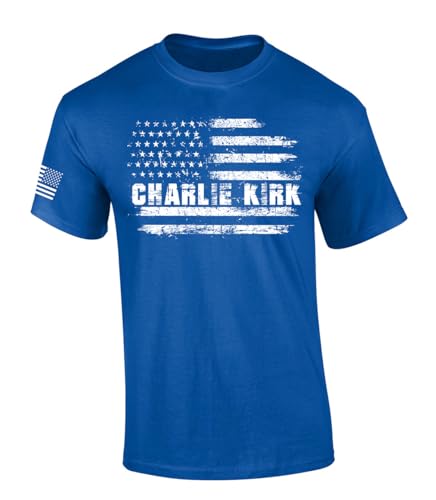 Trenz Shirt Company Men's Graphic T-Shirt - Distressed Charlie Kirk USA Flag Design Short Sleeve Tee-Royal-XL