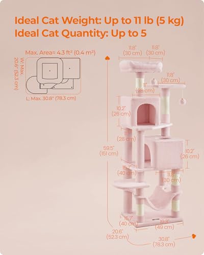 Image of Feandrea Cat Tree, 59.5-Inch Tall Cat Tower, Plush Multi-Level Condo with 5 Scratching Posts, 2 Perches, 2 Caves, Hammock, 2 Pompoms, Jelly Pink UPCT192P01