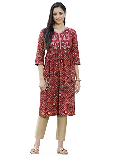 Image of Juniper Women's Rayon Festive Printed Flared Kurta for Women