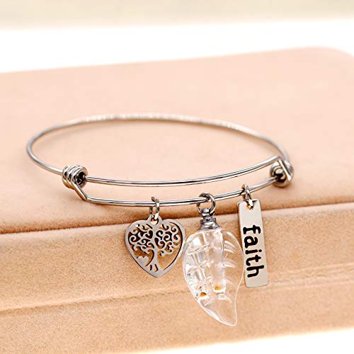 Image of Uloveido Mustard Seed Faith Tree Bangle Bracelet, Stainless Steel, with Glass Charm Bottle Case Y757