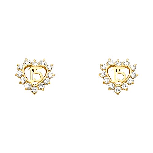 Sonia Jewels 14K Yellow Gold Sweet Fifteen 15 Year Birthday Quincea_Era Fashion Anniversary Cz Cubic Zirconia Womens Stud Earrings - Screw Back #TOP16