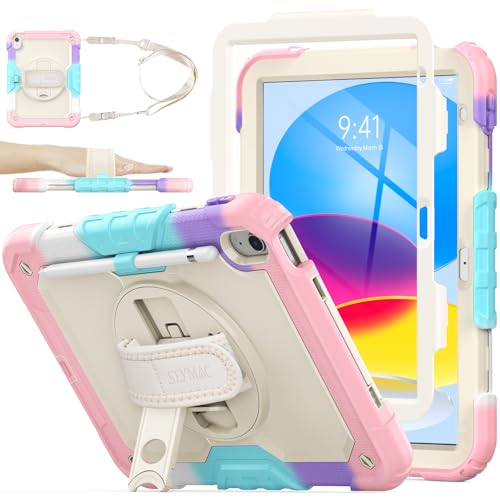 SEYMAC stock iPad(A16) 第11世代/第10世代専用ケース 耐衝撃 ペンホルダー フィルム付き前面カバー 横置き縦置きスタンド 360度回転ハンドストラップ ショルダーストラップ付き（色とりどりピンク）