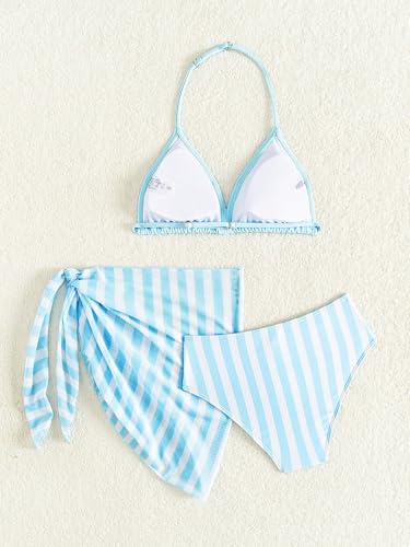 Image of SEGT Girl's 3 Piece Striped Bikini Swimwear Cute Swimsuits Bathing Suit High Waisted with Cover Up Beach Skirt