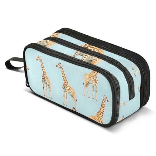 Image of ALAZA Giraffe Forest Animal Blue Pencil Case Large Capacity Pencil Pouch Box Boys Girls School Supplies Pen Case Bag with Handle 3 Compartments Zipper