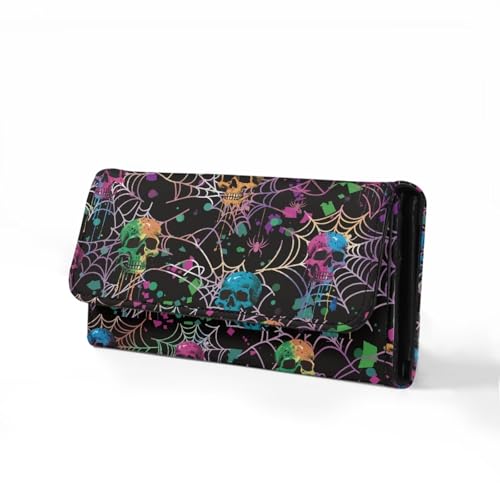 Image of AFPANQZ Colorful Skull Spider Web Leather Wallets for Women RFID Blocking Checkbook Wallet with Cit Card Slots Phone Holder Zip Pocket, Buckle Closure, Ladies Purse