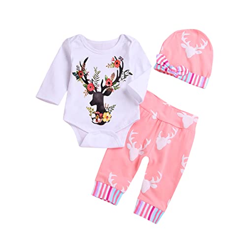 Image of Infant Baby Girls Long Sleeve Deer Romper Pants Hat Outfits Winter Spring Bodysuit Set