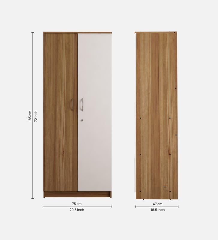 Image of Lara Multipurpose 2-Door Wardrobe | Engineered Wood | Spacious Shelves & Hanging Rail | Lyon Teak & White Finish | Durable & Space-Saving | Easy Knock-Down Assembly