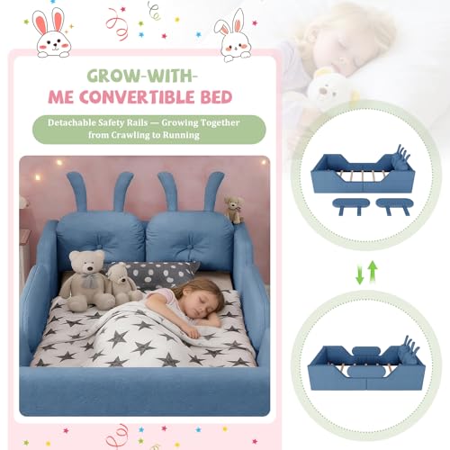 Image of Twin Size Kids Floor Bed Frame, Upholstered Montessori Platform Bed W /Removable Rails Cute Daybed Frame for Girls Boys, No Box Spring Required,Blue
