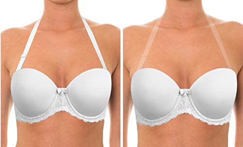 Strapless Clear Back Halter Bra Invisible Strap Backless Lightly Padded Brassiere for Wedding Bridesmaid Dress White, 38D
