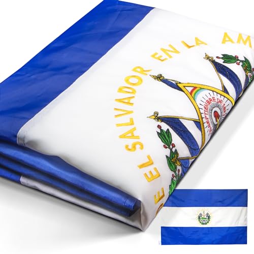 Anley EverStrong Series El Salvador Flag 3x5 Foot Heavy Duty - Embroidered and Sewn Stripes - 4 Rows of Lock Stitching - Salvadoran National Flags with Brass Grommets 3 X 5 Ft