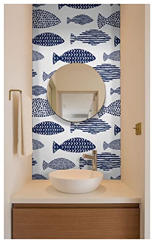 Haokhome 96040-1 Peel And Stick Wallpaper Abstract Underwater World Fish Trellis Indigo Blue Removable Contactpaper For Home Bathroom Decorations 17.7In X 118In #TOP4