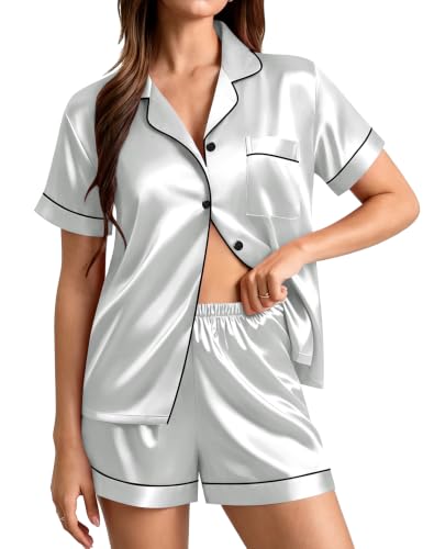 Image of SWOMOG Womens Silk Satin Pajamas Set Short Sleeve Sleepwear Button Down Top and Shorts Loungewear 2 Piece Pjs Set XS-3XL